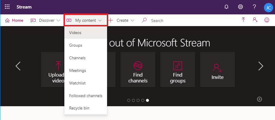 Image demonstrates visual location of content library in Microsoft Stream.