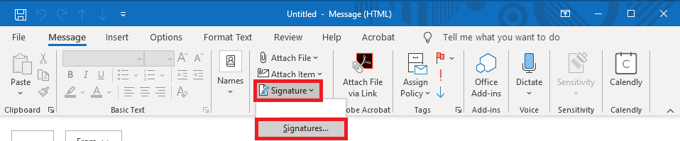 Image shows Signature highlighted as a small icon in the ribbon.