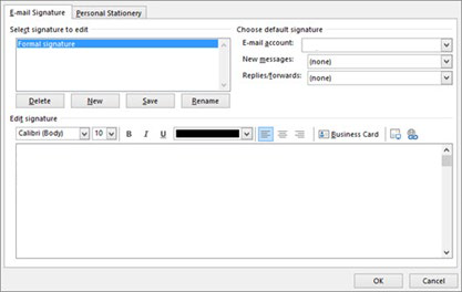 Image displays signature dialogue box in Outlook.