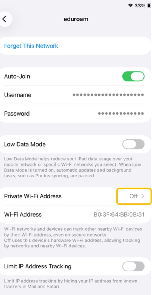 Disable private mac address on a apple device