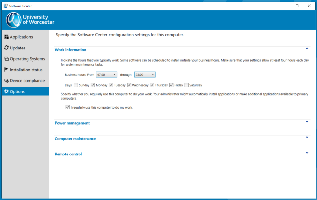 Image shows the Software Center pane, with Options and Work information selected.