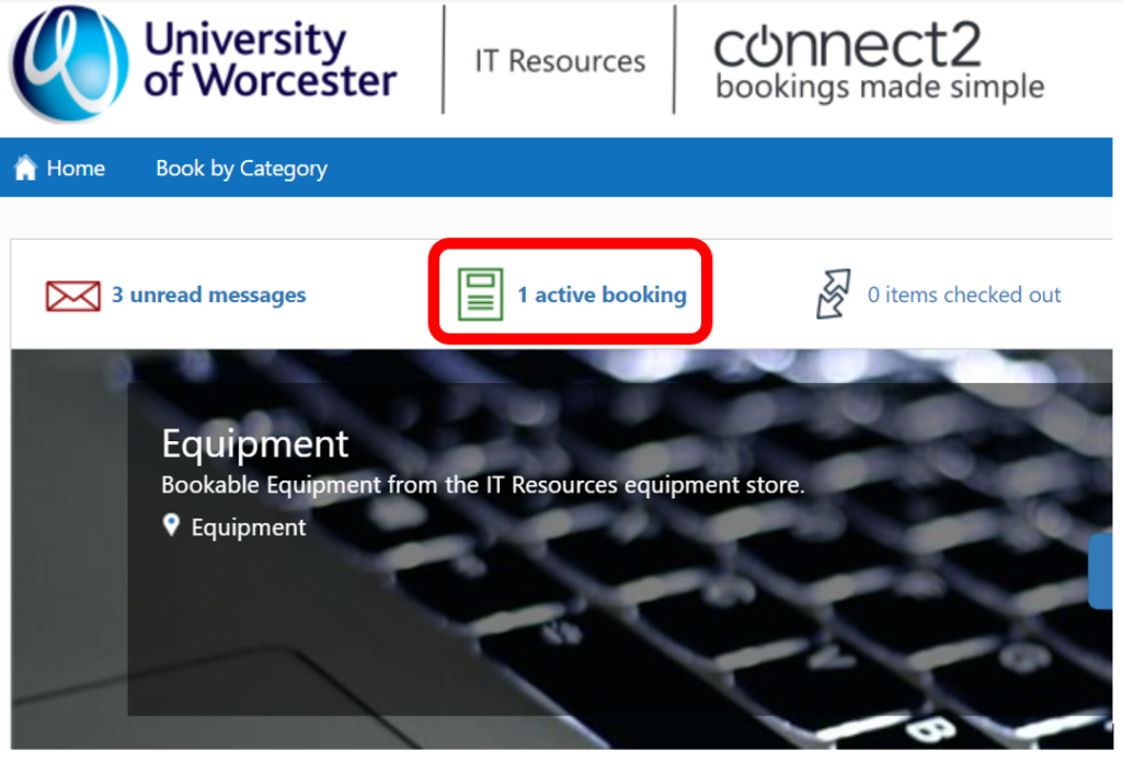 Screenshot showing the homepage of Connect2 booking system with the active booking option highlighted.