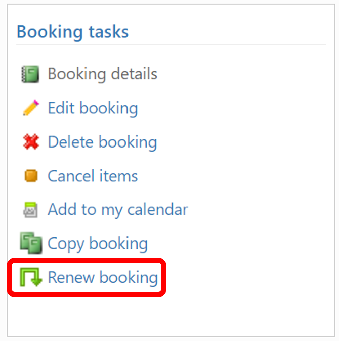 Screenshot of the 'Bookings tasks' menu with the renew booking option highlighted