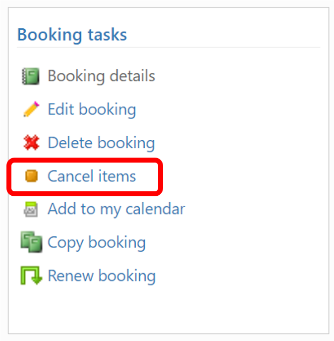 Screenshot of the booking tasks menu with the cancel items option highlighted