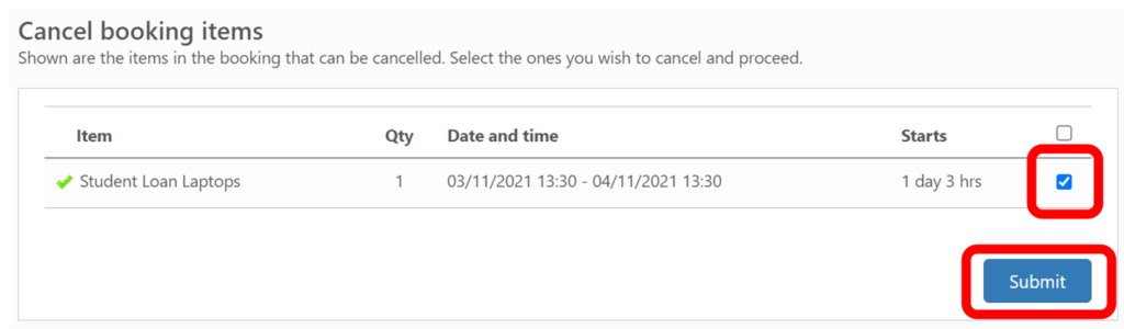 Screenshot of the cancel booking items menu with the tick box and submit button highlighted