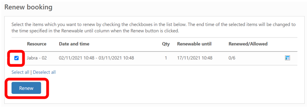 Screenshot of the renew booking page with the resource box ticked and the renew button highlighted