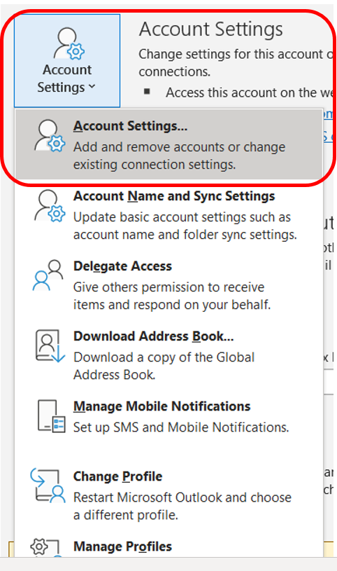 Screen capture of the menu for File > Account Settings and Account Settings highlighted 