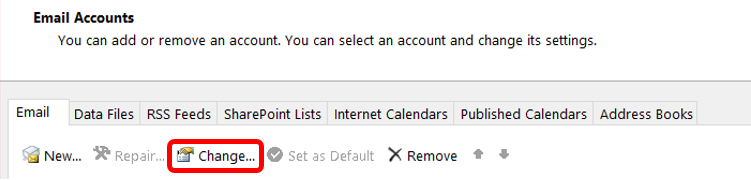 Email accounts menu with change highlighted 