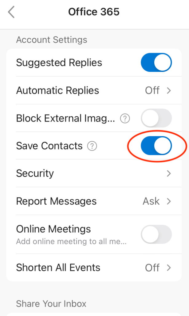 Outlook account settings, with the save contacts toggle, turned on, which is highlighted,
