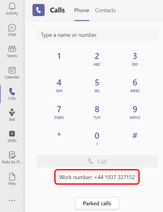 Image of the Microsoft Teams application, with the 'Calls' tab selected showing the Microsoft Teams Dialler, with the 'Work number' highlighted.