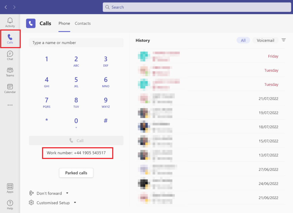 Screenshot highlighting the Calls tab in the Microsoft Teams desktop app user interface and the Teams phone number displayed directly below the dialler. 