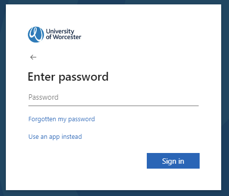 Image displaying the University of Worcester Microsoft 365 password sign in