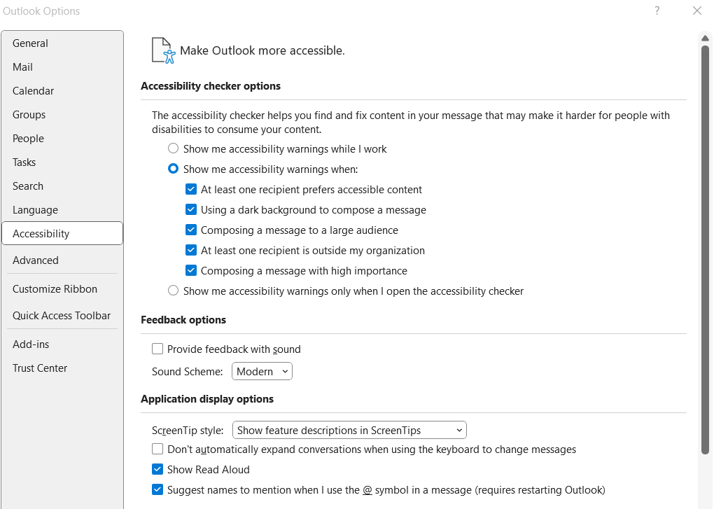 Outlook Accessibility Options